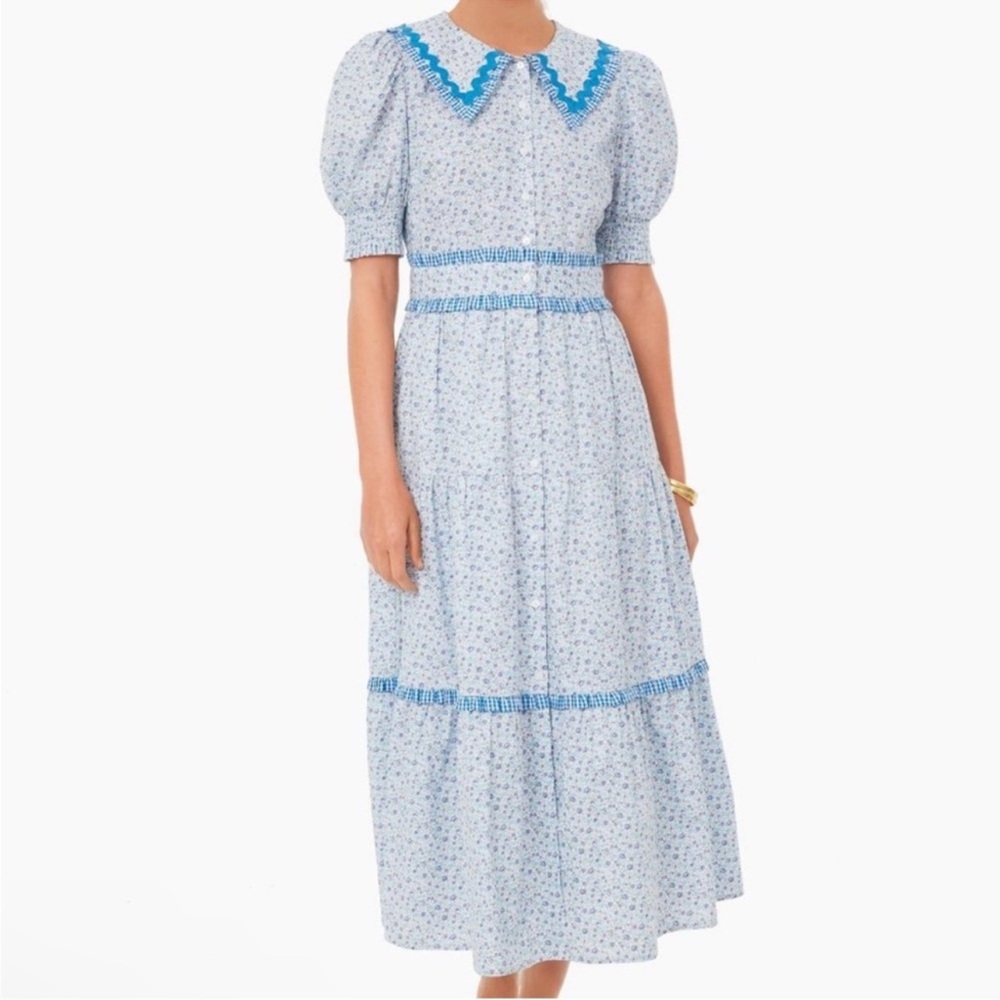 Tuckernuck Hyacinth House Floral Ric Rac Ruffle Midi Blue Linger Dress